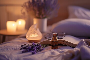 A peaceful indoor scene featuring a charming table adorned with a vase of delicate purple flowers, a flickering candle, and a bottle of soothing lavender, resting upon a soft bed with crisp linens ag