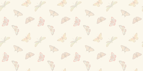 repeating ornament, seamless pattern of dragonflies and butterflies, endless watercolor illustration, hand drawn. Design of fabrics, wrapping paper, kitchen textiles, packaging.
