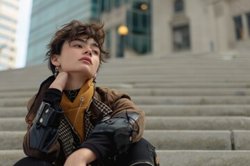 A stylish young woman sits on the steps of a city building, her fashionable jacket and accessories complementing her street fashion as she checks her cellphone with a thoughtful expression on her fac