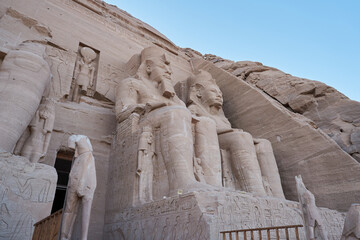 Great Abu Simbel ancient temple of Pharaoh Ramses II in southern Egypt in Nubia next to Lake Nasser.