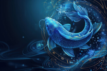 Pisces zodiac sign against horoscope wheel. Astrology calendar. Esoteric horoscope and fortune telling concept.