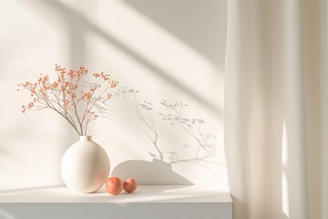 A vibrant still life of a vase filled with bright orange flowers, flanked by two delicate eggs, adorns the indoor wall with a touch of natural beauty and new beginnings