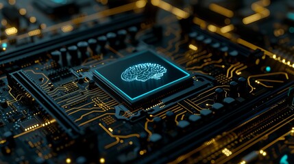Shining brain icon on cpu with holographic security elements and text copy space