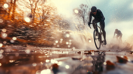 A cyclist on a road bike riding a racing bike on an open road.  Dramatic dirty background.