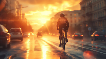 A silhouette of a man riding a bicycle against the background of the evening city.