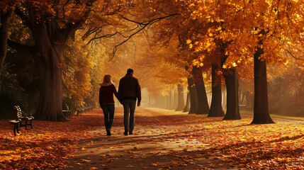 A couple walks hand in hand amidst a breathtaking display of vibrant autumn leaves, their connection igniting a symphony of love whispered in their every glance.