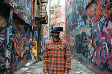 A man immersed in the world of street fashion and visual arts, wearing a virtual reality headset while standing in front of a vibrant mural filled with colorful graffiti and detailed drawings on the 