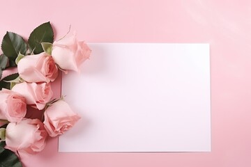 Invitation or greeting card mockup with a blank sheet and pink roses on pink background with copy space, Valentine's day, Mother's day, Women's Day and love concept
