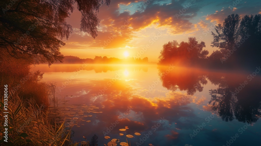Poster a serene morning at the lake, with the trees reflecting in the calm water as the sun rises and the c