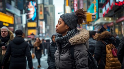 Fototapeta premium In the midst of a bustling city street, a woman stands out in her stylish coat and scarf, braving the crowded sidewalks with determination and grace