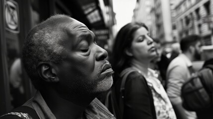 Obraz premium A monochrome snapshot captures a man's closed eyes, his human face revealing a deep contemplation as he stands on a busy street, his unique style and clothing blending in with the outdoor surrounding