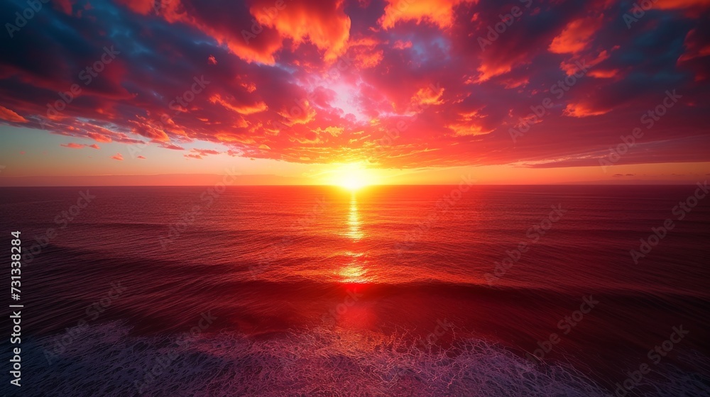 Wall mural Nature's evening masterpiece, a serene sunset over the ocean with fiery red hues illuminating the sky, creating a peaceful afterglow as the heat of the day gives way to the calm of dusk