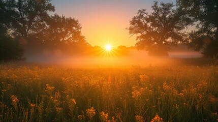 A serene morning in a misty field, with trees and flowers basking in the golden light of the rising sun