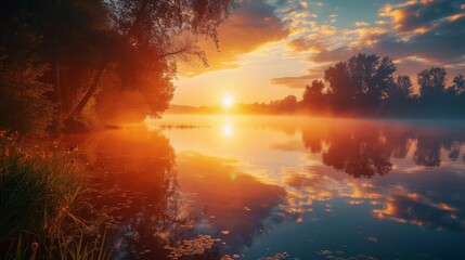 As the sun dips below the horizon, the serene lake reflects the stunning sky, creating a tranquil outdoor landscape bathed in warm morning sunlight