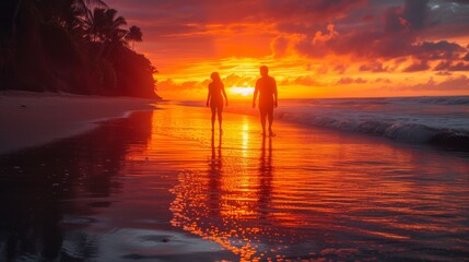 As the sun sets over the calm lake, a man and woman walk hand in hand on the sandy beach, their silhouettes reflected in the water as the afterglow paints the sky in shades of pink and orange