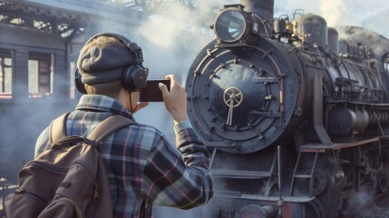 Fototapeta premium Capturing the timeless power and beauty of a steam engine, a person stands in awe as they photograph a majestic train chugging through the great outdoors, enveloped in a billowing cloud of smoke
