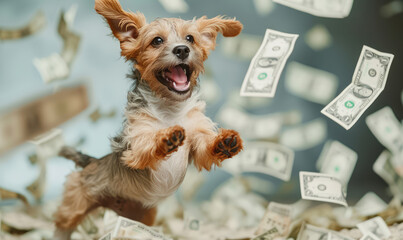 A playful dog, puppy running and jumping among paper money flying in the air. Concept of finance, economy, wealth, animals, richness, riches