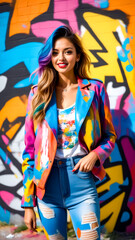Beautiful young woman standing in front of colorful wall with graffiti on it.