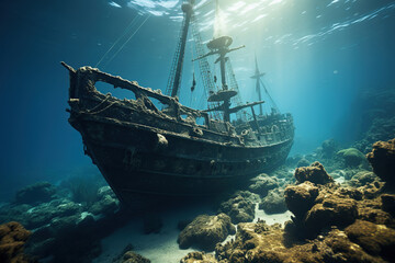 Old ship at the bottom of the sea. Generated by artificial intelligence