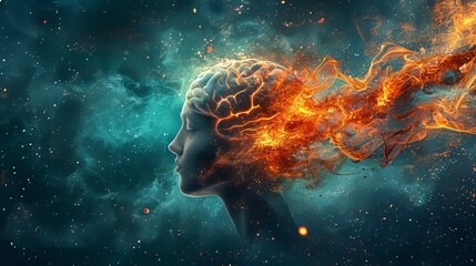 Brain on fire, illustrating parkinson s, alzheimer s, dementia, multiple sclerosis concept image. - obrazy, fototapety, plakaty