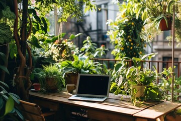 Fototapeta na wymiar A serene garden scene with a laptop resting on a wooden table surrounded by lush green trees and potted houseplants, creating a peaceful workspace in the great outdoors
