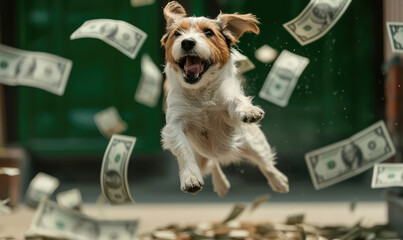 A playful dog, puppy running and jumping among paper money flying in the air. Concept of finance, economy, wealth, animals, richness, riches - obrazy, fototapety, plakaty