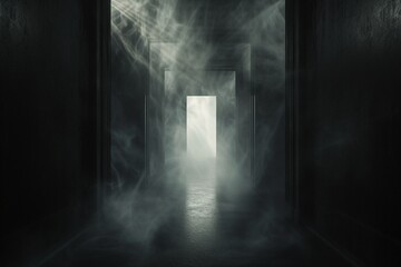 Generative AI illustration of dark empty hall with smoke - obrazy, fototapety, plakaty
