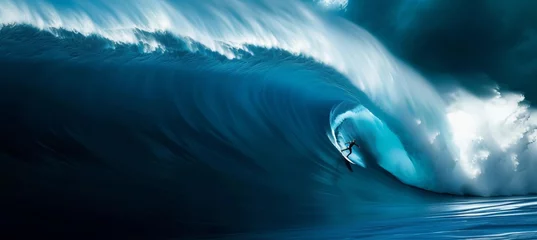 Poster Surfer riding massive blue ocean wave   extreme sport and active lifestyle concept © Ilja