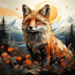 illustration of a fox, fox in the woods