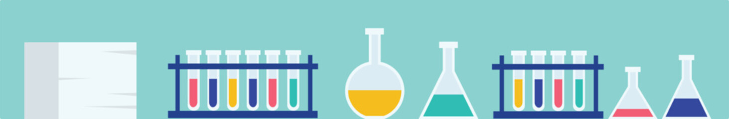 Laboratory equipment flat design illustration. Science experiment with test tubes, beakers, and flasks. Chemical, research graphic colorful, liquids - obrazy, fototapety, plakaty