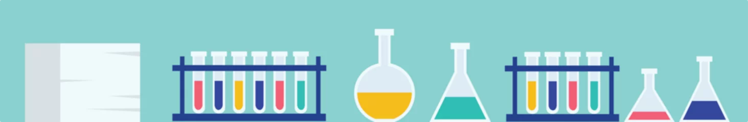 Fotobehang Laboratory equipment flat design illustration. Science experiment with test tubes, beakers, and flasks. Chemical, research graphic colorful, liquids © creativeteam