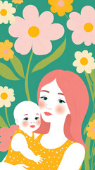 Obraz na płótnie Canvas Illustration of mother with her little child, flower background, Concept of mothers day, mothers love, relationships between mother and child, parent, heartwarming connection, happy family bond