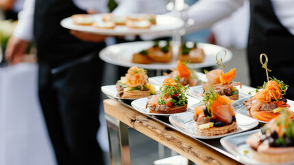 Luxury snacks displayed at a buffet at an outdoor event, organization. Concept of fine dining - obrazy, fototapety, plakaty