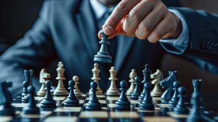 Businessman strategically moves chess piece on chessboard, symbolizing business strategy