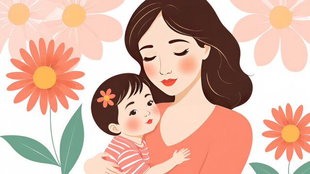 Illustration of mother with her little child, flower background, Concept of mothers day, mothers love, relationships between mother and child, parent, heartwarming connection, happy family bond