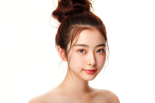 closeup studio-shot image of Asian young woman with light makeup