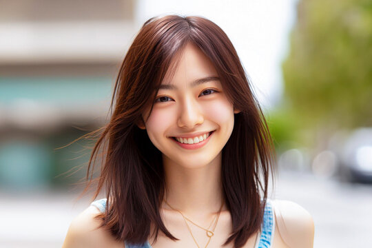 street snapshot image of smiling Asian young woman with light makeup