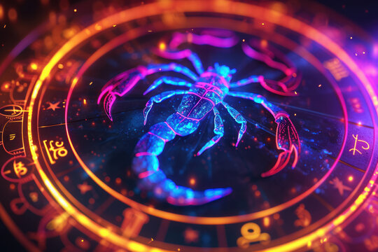 Scorpio zodiac sign against horoscope wheel. Astrology calendar. Esoteric horoscope and fortune telling concept.