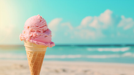 Beautiful, fruity ice in a cone; beach and see in the background, summer colors