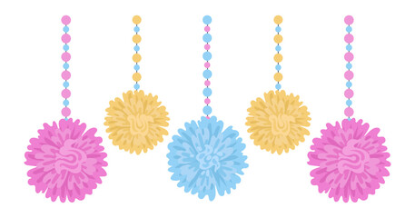 Paper pom poms. Hanging Birthday party or Easter decorations, multicolor paper garlands flat vector illustration. Cute paper party decor