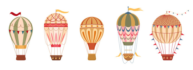 Retro hot air balloons. Cartoon flying hot air balloons decorated with flags and garlands flat vector illustration set. Vintage air transport collection