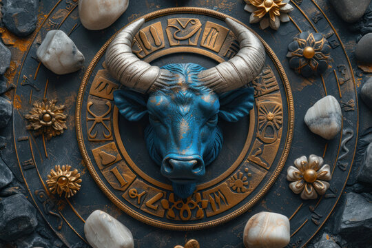 Taurus zodiac sign against horoscope wheel. Astrology calendar. Esoteric horoscope and fortune telling concept.