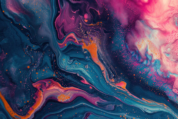 Colorful abstract composition with Liquids. Interesting shapes, patterns, rich textures, color mixing, fluidity, flowability create unique design. Space for text. Background texture