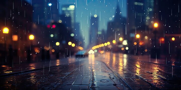 Night city town rain day blurred bokeh background cityscape decoration view scene