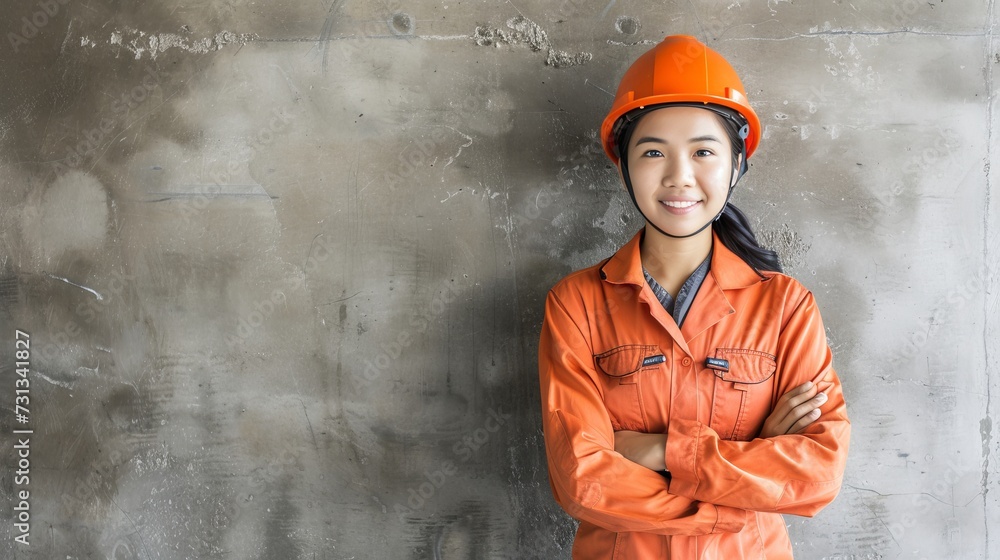 Poster smiling female builder worker in uniform with space for labour day text placement
