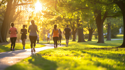 A diverse group of individuals engage in various fitness activities in a park, promoting health,...