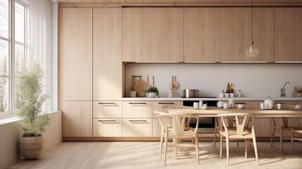 Scandinavian Minimalist Kitchen: Warm Wood Tones & Clean Lines - obrazy, fototapety, plakaty