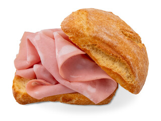 Stuffed bun with mortadella, italian typical sausage of Bologna, sandwich cut out on transparent