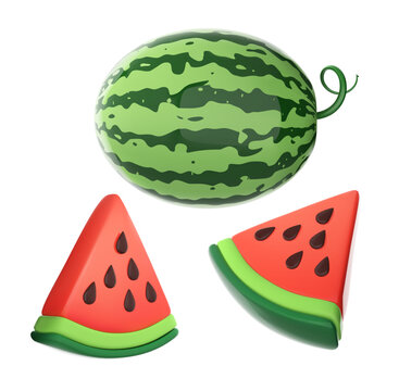 An image of a whole watermelon and pieces on a white background. Vector illustration