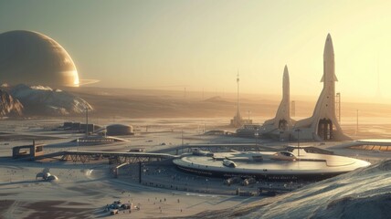 futuristic spaceport with spacecraft ready for launch, representing the future of human spaceflight - obrazy, fototapety, plakaty